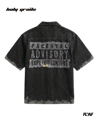 Street Style 'Black Advisory' Black 100% Cotton Denim Screen Print & Beads Detailing Half Sleeve Shirt HG x FLYAF - Back
