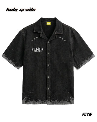 Street Style 'Black Advisory' Black 100% Cotton Denim Screen Print & Beads Detailing Half Sleeve Shirt HG x FLYAF - Front