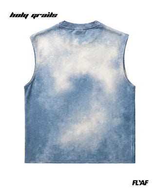 Street Style 'Bleach' Blue 240 GSM 100% Cotton Washed & HD Print Sleeveless Tank Top HG x FLYAF - Back