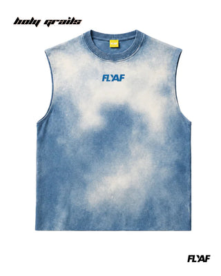 Street Style 'Bleach' Blue 240 GSM 100% Cotton Washed & HD Print Sleeveless Tank Top HG x FLYAF - Front
