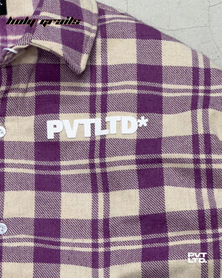 Street Style 'Blush Pink' Unisex Check 280 GSM Cotton Heavyweight Full Sleeve Boxy Fit Shirt HG x Pvt Ltd - Front Branding Close Up