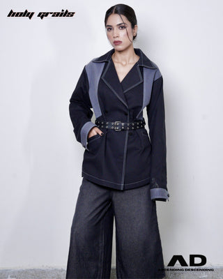 Women wearing a Street Style 'CEO Rebellion' black Denim Double Breasted Blazer with Slate Gray Accents - Front