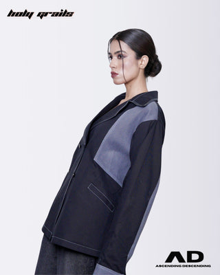 Women wearing a Street Style 'CEO Rebellion' black Denim Double Breasted Blazer with Slate Gray Accents - Side 1
