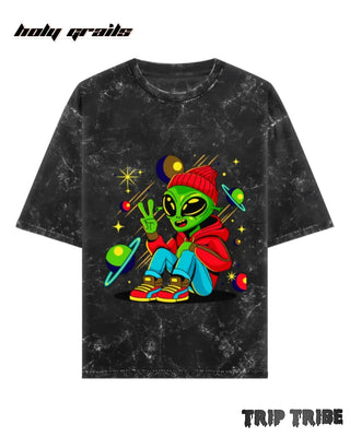Street Style 'Chill Alien Drip' Black 240 GSM 100% Cotton Acid Wash Oversize Tee HG x Trip Tribe - Front