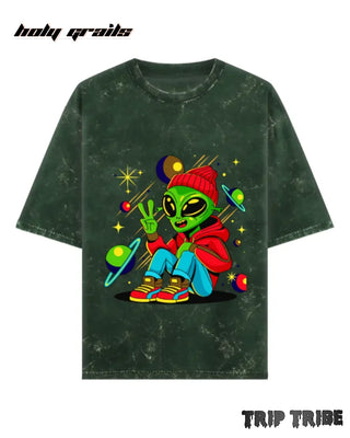Street Style 'Chill Alien Drip' Bottle Green 240 GSM 100% Cotton Acid Wash Oversize Tee HG x Trip Tribe - Front