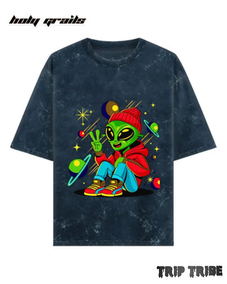 Street Style 'Chill Alien Drip' Navy Blue 240 GSM 100% Cotton Acid Wash Oversize Tee HG x Trip Tribe - Front