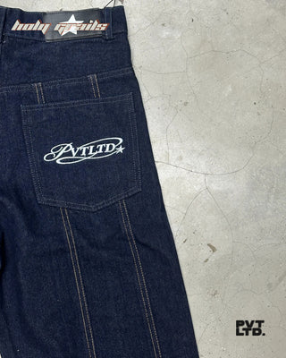 Street Style 'Classic Pvt' Blue Denim Wide Leg Jeans HG x Pvt Ltd - Back Close