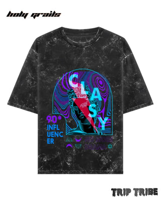 Street Style 'Classy No More Drama' Black 240 GSM 100% Cotton Acid Wash Oversize Tee HG x Trip Tribe - Front