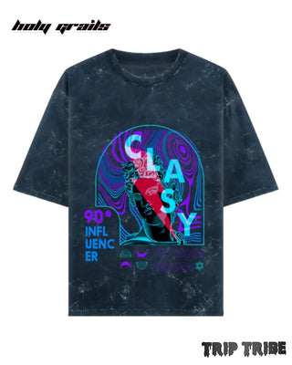 Street Style 'Classy No More Drama' Navy Blue 240 GSM 100% Cotton Acid Wash Oversize Tee HG x Trip Tribe - Front