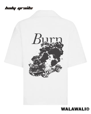 Street Style 'Crash & Burn' White Unisex Cotton Graphic Printed Oversize Fit Short Sleeve Shirt HG x Walawali - Back