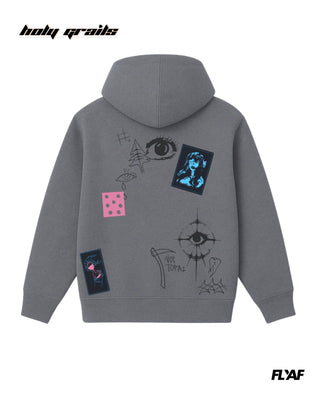 Street Style 'Cryptic Canvas' Grey 360 GSM 100% Cotton Screen Print & DTF Canvas Patchwork Oversize Hoodie HG x FLYAF - Back