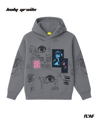Street Style 'Cryptic Canvas' Grey 360 GSM 100% Cotton Screen Print & DTF Canvas Patchwork Oversize Hoodie HG x FLYAF - Front