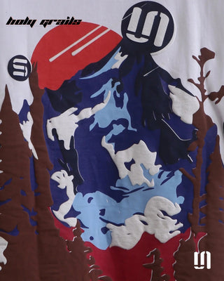 Street Style 'Dawning Mountain' White 240 GSM 100% French Terry Cotton Puff Printed Oversized Tee HG x Sullitt - Back Print Close Up