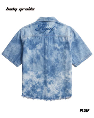 Street Style 'Denim Yoke Rebel' Blue 100% Cotton Puff Embroidery Half Sleeve Shirt HG x FLYAF - Back