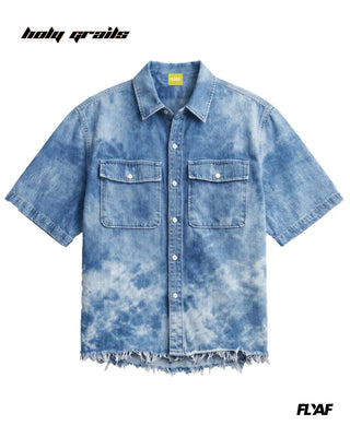 Street Style 'Denim Yoke Rebel' Blue 100% Cotton Puff Embroidery Half Sleeve Shirt HG x FLYAF - Front
