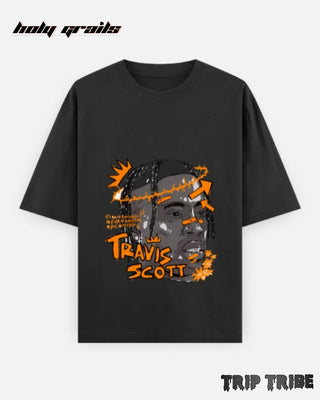 Street Style 'Distressed Portrait Art' Black Unisex 240 GSM 100% Cotton Graphic Painted Half Sleeve Oversize T-Shirt HG x Trip Tribe - Front