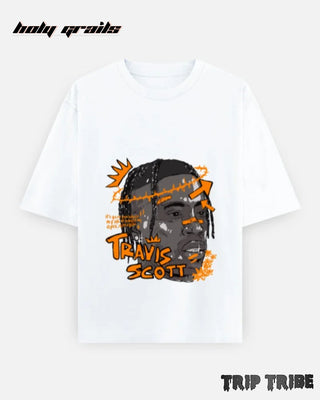 Street Style 'Distressed Portrait Art' White Unisex 240 GSM 100% Cotton Graphic Painted Half Sleeve Oversize T-Shirt HG x Trip Tribe - Front