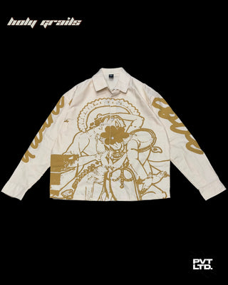Street Style 'Divine Love' Mustard Yellow Striped Oversize Graphic Full Sleeve Shirt HG x Pvt Ltd - Front