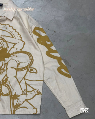 Street Style 'Divine Love' Mustard Yellow Striped Oversize Graphic Full Sleeve Shirt HG x Pvt Ltd - Front Side 1