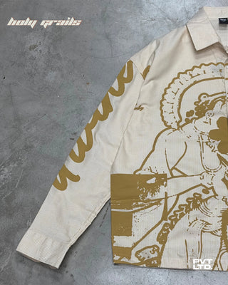 Street Style 'Divine Love' Mustard Yellow Striped Oversize Graphic Full Sleeve Shirt HG x Pvt Ltd - Front Side 2