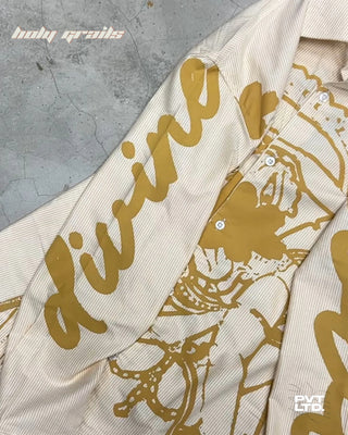 Street Style 'Divine Love' Mustard Yellow Striped Oversize Graphic Full Sleeve Shirt HG x Pvt Ltd - Sleeve 1 Close Up