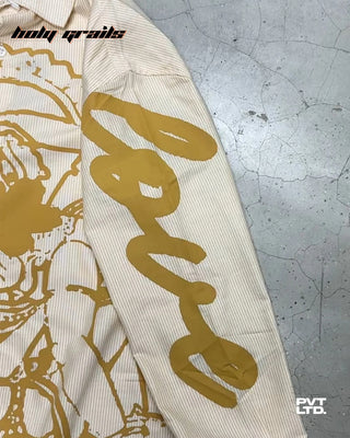 Street Style 'Divine Love' Mustard Yellow Striped Oversize Graphic Full Sleeve Shirt HG x Pvt Ltd - Sleeve 2 Close Up