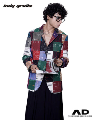 Person wearing a Street Style 'Eat the Rich' Multi-Color Reversible Blazer HG x Ascending Descending - Colorful Patchwork Blazer Jacket Front