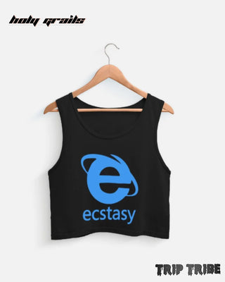 Street Style 'Ecstasy Explorer' Black 180 GSM 100% Premium Cotton Sleeveless Graphic Crop Tank Top HG x Trip Tribe - Front