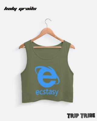 Street Style 'Ecstasy Explorer' Olive Green 180 GSM 100% Premium Cotton Sleeveless Graphic Crop Tank Top HG x Trip Tribe - Front