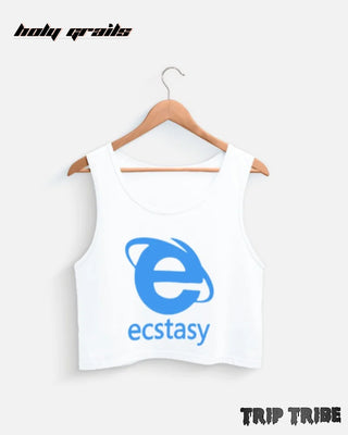 Street Style 'Ecstasy Explorer' White 180 GSM 100% Premium Cotton Sleeveless Graphic Crop Tank Top HG x Trip Tribe - Front