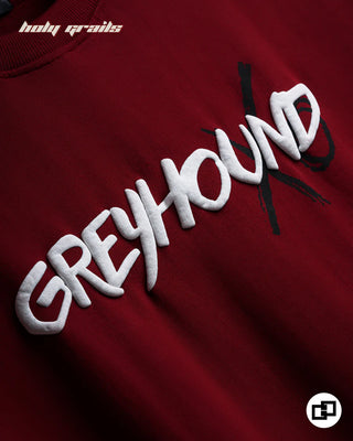 Street Style 'Eyes Don’t Lie' Maroon Unisex 250 GSM 100% Cotton Puff Screen & Printed Oversized T-Shirt with 'GREYHOUND' branding embroidered in white - Front Print Close Up