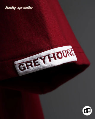 Street Style 'Eyes Don’t Lie' Maroon Unisex 250 GSM 100% Cotton Puff Screen & Printed Oversized T-Shirt with 'GREYHOUND' branding embroidered on Sleeve End