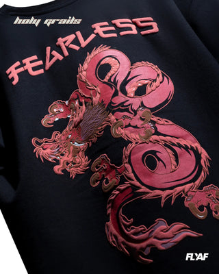 Street Style 'Fearless Dragon' Black 240 GSM 100% Cotton Puff Printed Oversize Tee HG x FLYAF - Back Close