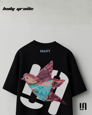 Street Style 'Feathered Friend' Black 240 GSM 100% French Terry Cotton Puff Printed Oversized Tee HG x Sullitt - Back