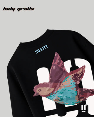 Street Style 'Feathered Friend' Black 240 GSM 100% French Terry Cotton Puff Printed Oversized Tee HG x Sullitt - Back Close
