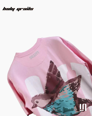 Street Style 'Feathered Friend' Pink 240 GSM 100% French Terry Cotton Puff Printed Oversized Tee HG x Sullitt - Back Close