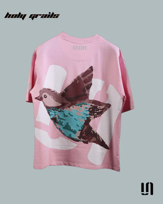 Street Style 'Feathered Friend' Pink 240 GSM 100% French Terry Cotton Puff Printed Oversized Tee HG x Sullitt - Back Full 1