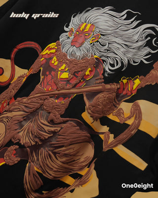 Street Style 'Hanuman Force of Faith' Black 240 GSM 100% Cotton Screen & Puff Printed Oversize Tee - Back Print Close Up