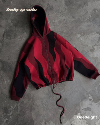 Street Style 'Heart on Fire' Red & Black 100% Premium Fleece Unisex Reversible Zipper Oversize Hoodie HG x One0eight - Red Side Front on Floor