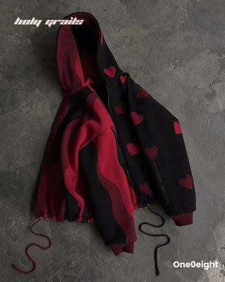 Street Style 'Heart on Fire' Red & Black 100% Premium Fleece Unisex Reversible Zipper Oversize Hoodie HG x One0eight - Red & Black Both Sides Front on Floor