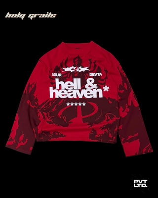 Street Style 'Heaven & Hell' Red Waffle Cotton Graphic Printed Oversize Sweatshirt HG x Pvt Ltd - Front