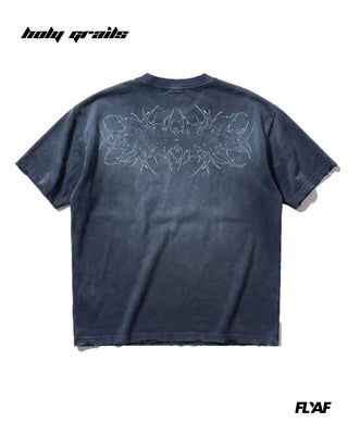 Street Style 'Idol Annihilator' Blue Acid Wash 240 GSM 100% Cotton Screen Print & Kantha Embroidery Graphic T-Shirt HG x FLYAF - Back
