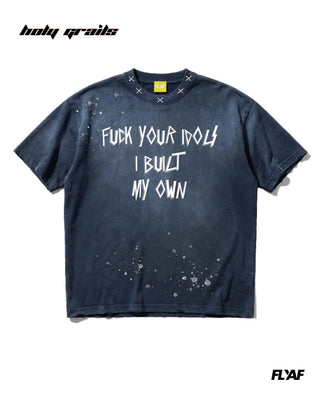 Street Style 'Idol Annihilator' Blue Acid Wash 240 GSM 100% Cotton Screen Print & Kantha Embroidery Graphic T-Shirt HG x FLYAF - Front