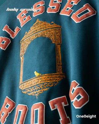 Street Style 'Indic' Green 350 GSM 100% Cotton Embroidery Screen & Puff Printed Varsity Jacket HG x One0eight - Back Close Up