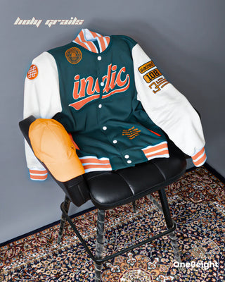 Street Style 'Indic' Green 350 GSM 100% Cotton Embroidery Screen & Puff Printed Varsity Jacket HG x One0eight - Front