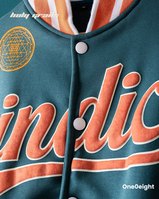 Street Style 'Indic' Green 350 GSM 100% Cotton Embroidery Screen & Puff Printed Varsity Jacket HG x One0eight - Front Close Up