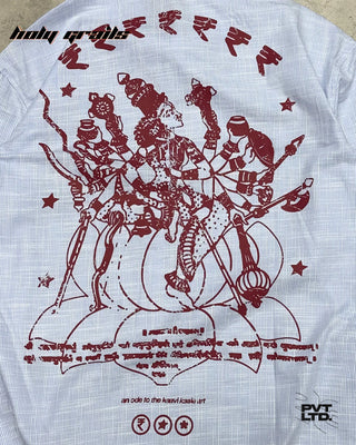 Street Style 'Kaavi Kale' Blue Linen Graphic Printed Full Sleeve Oversize Fit Shirt HG x Pvt Ltd - Back Print Close Up