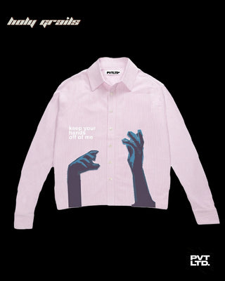 Street Style 'Keep Your Hands Off' Pink Striped Graphic Printed Shirt HG x Pvt Ltd - Front
