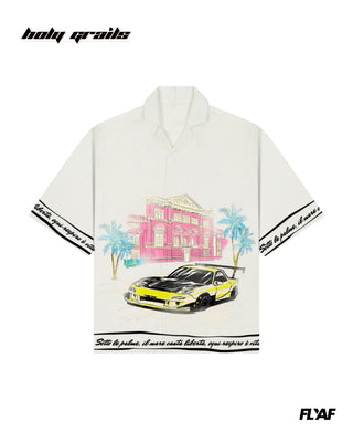 Street Style 'Liberta Racer' White 100% Polyester Cuban Collar Half Sleeve Oversize Shirt HG x FLYAF - Front