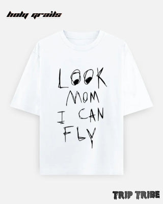 Street Style 'Look Mom I Can Fly' White 240 GSM 100% Cotton Printed Half Sleeve Oversize T-Shirt HG x Trip Tribe - Front